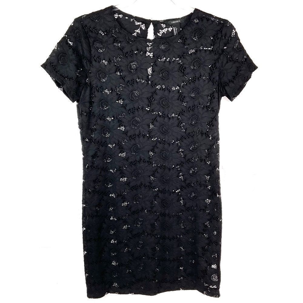 4/$16 Forever 21 Black Lace Crocket Short Sleeve Shift Dress Small